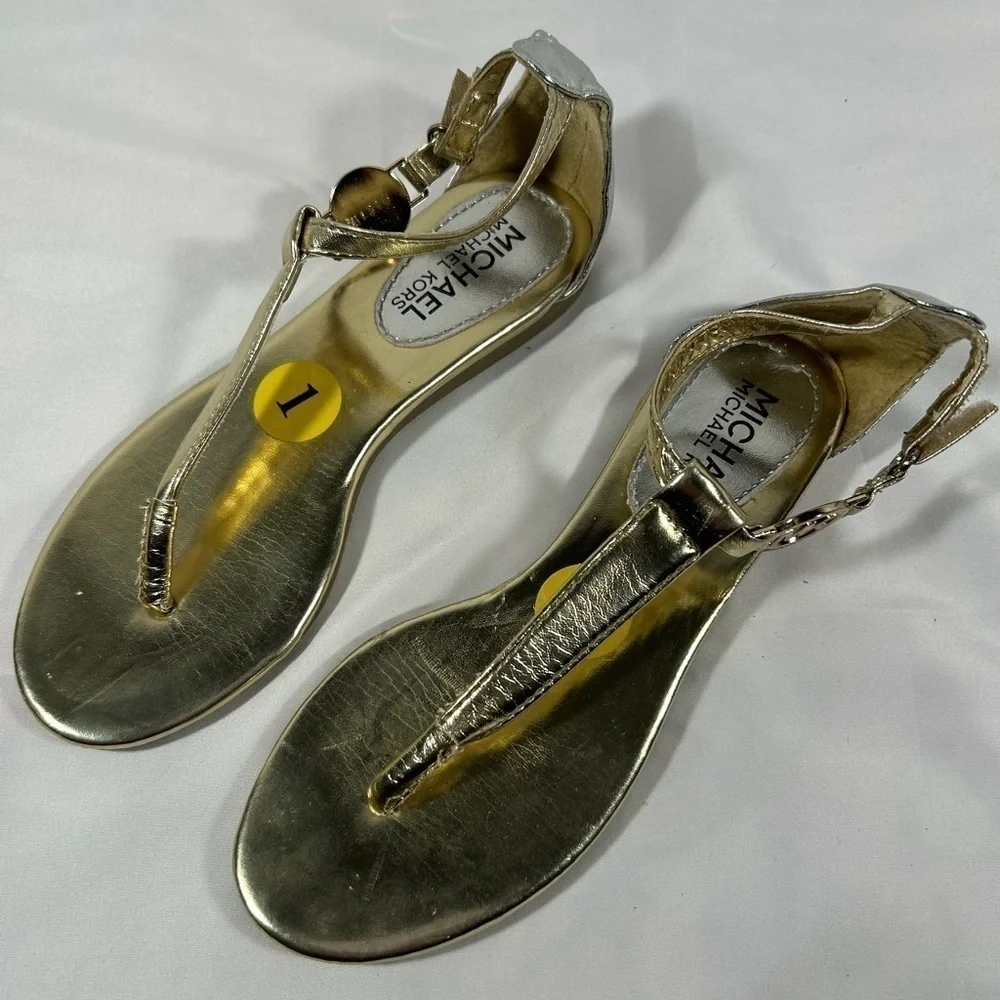 Michael Kors Girls Thong Strappy Metallic Sandals Logo Kids Shoes Sz 1